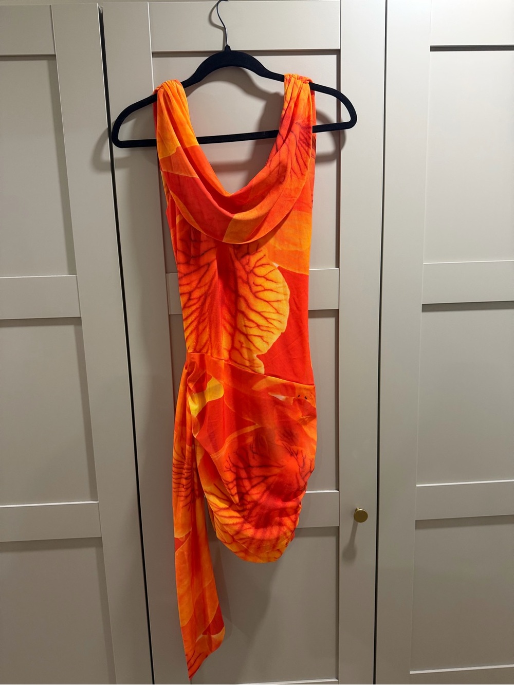 Peppermayo Orange and Yellow One-Shoulder Draped Dress